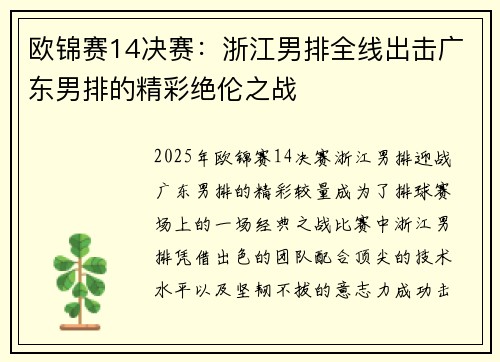 欧锦赛14决赛：浙江男排全线出击广东男排的精彩绝伦之战